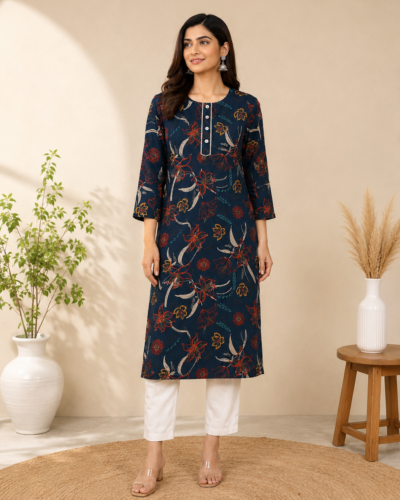 Women's Navy Blue Floral Printed Kurti