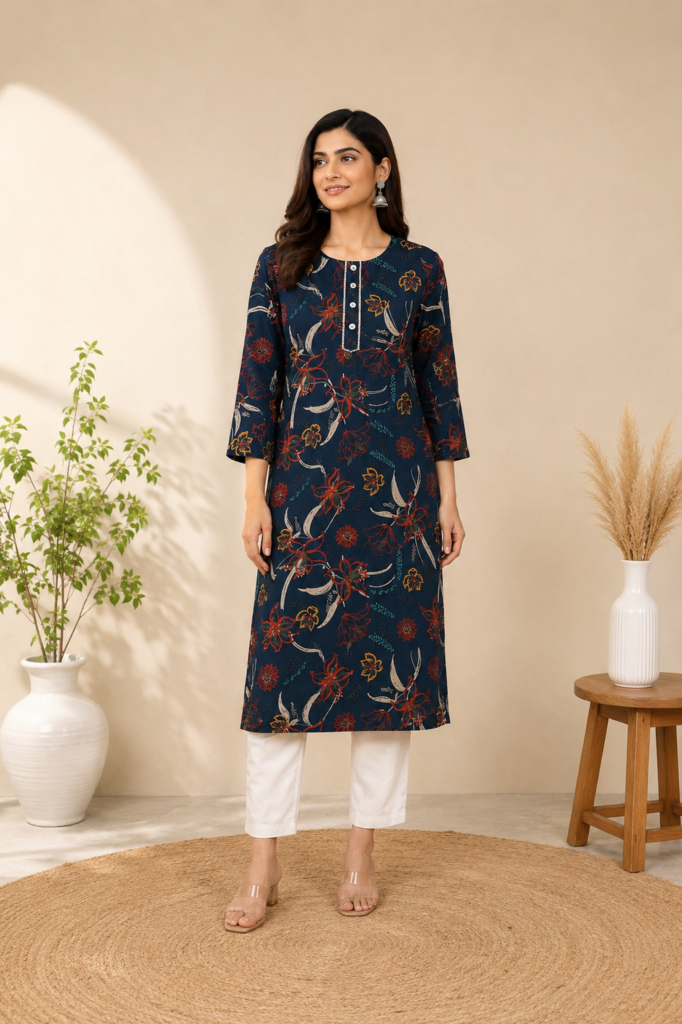 Women's Navy Blue Floral Printed Kurti