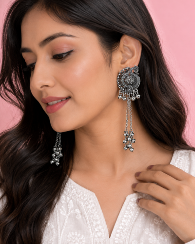Oxidized Peacock Long Drop Earrings