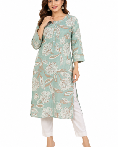 Mint Green Floral Print Cotton Blend Straight Kurti for Women
