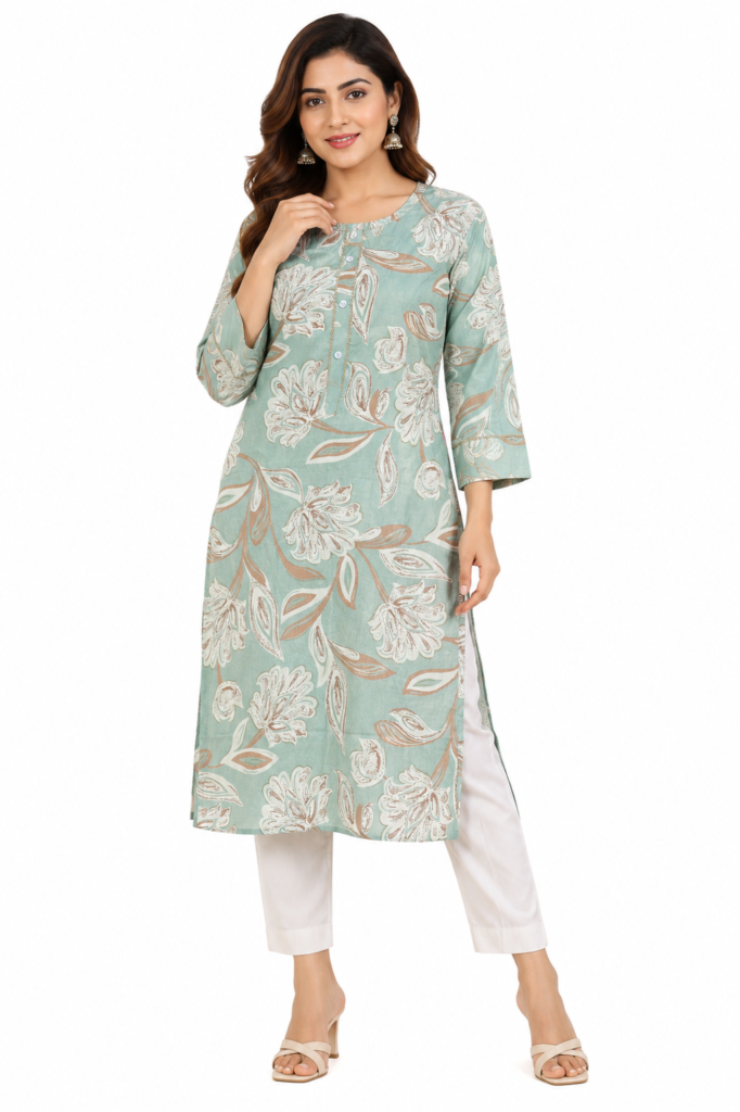 Mint Green Floral Print Cotton Blend Straight Kurti for Women