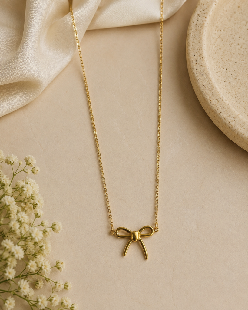 Anti-Tarnish Gold Bow Pendant Necklace for Women