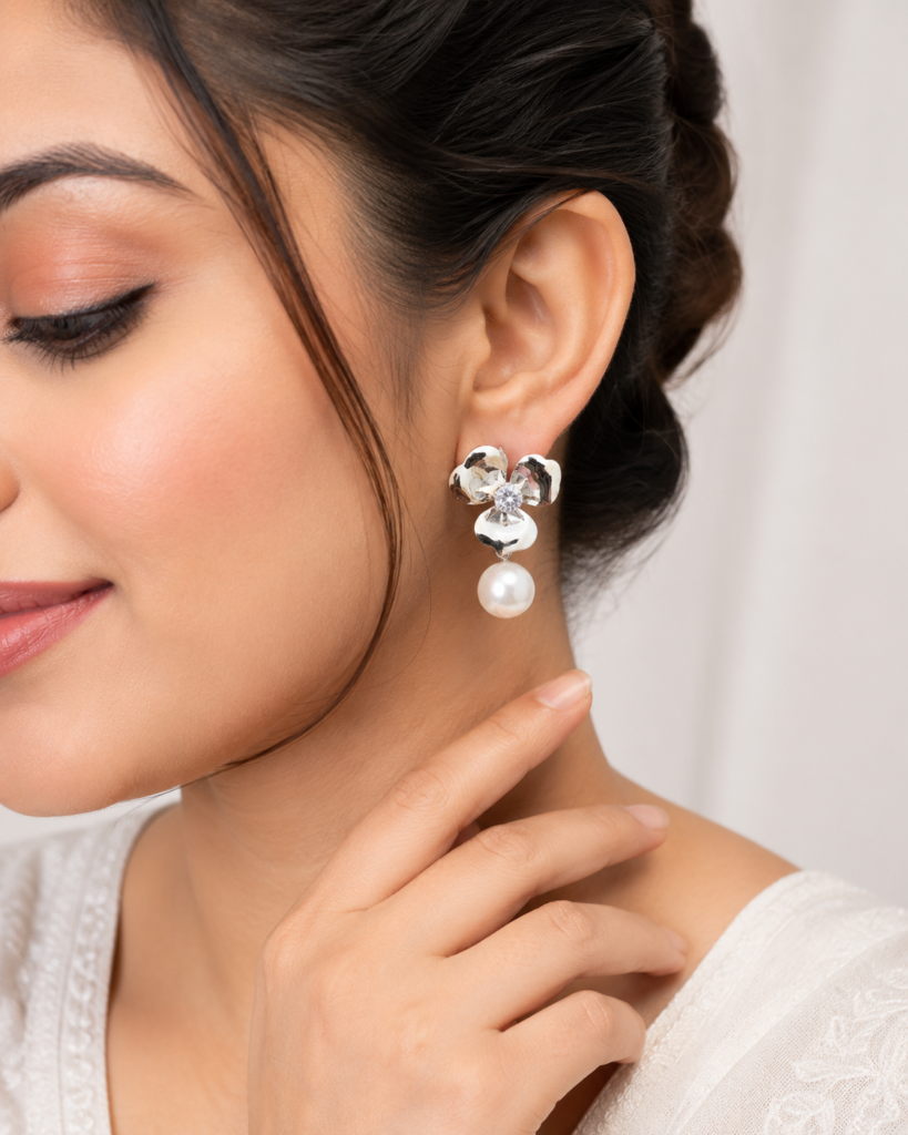 Silver Flower Pearl Drop Earrings