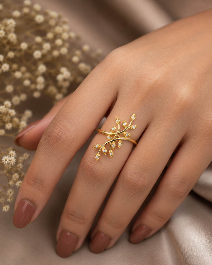 Anti-Tarnish Gold Leaf Adjustable Ring for Women