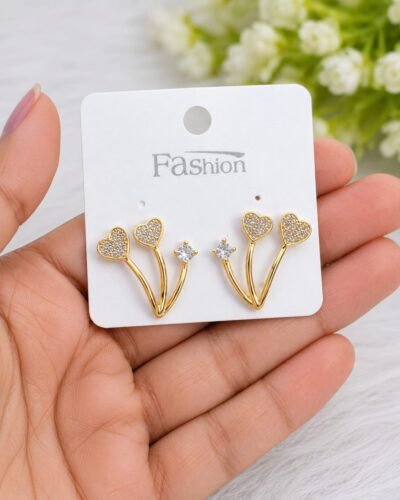 Anti-Tarnish Gold Plated Double Heart CZ Stud Earrings