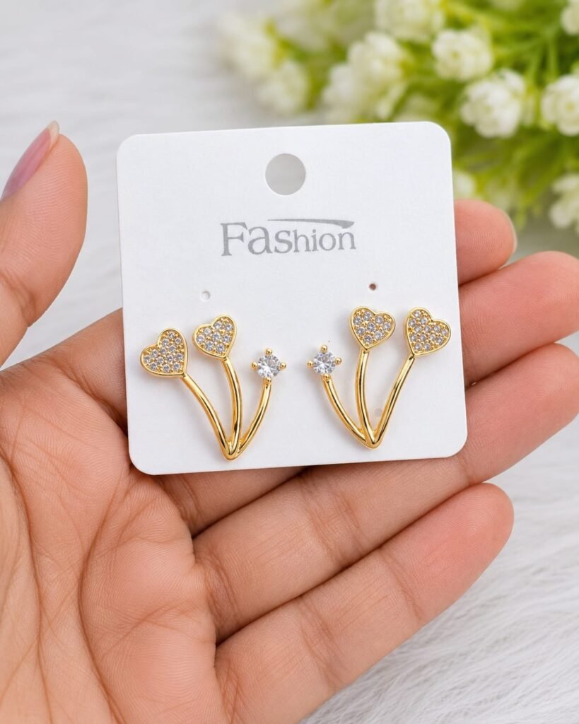 Anti-Tarnish Gold Plated Double Heart CZ Stud Earrings