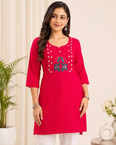 Slowy Women's Light Pink Embroidered Rayon Straight Kurti | Stylish Ethnic Wear for Daily, Office & Festive Look