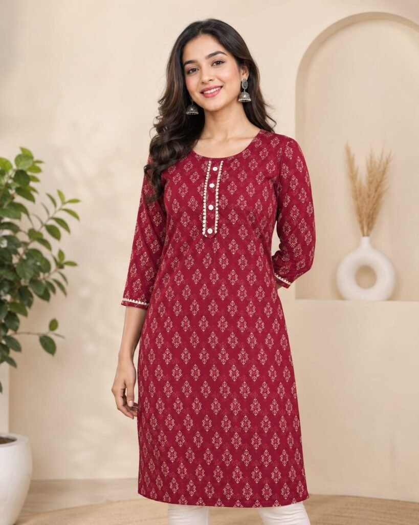 Women’s Maroon Printed Straight Kurti