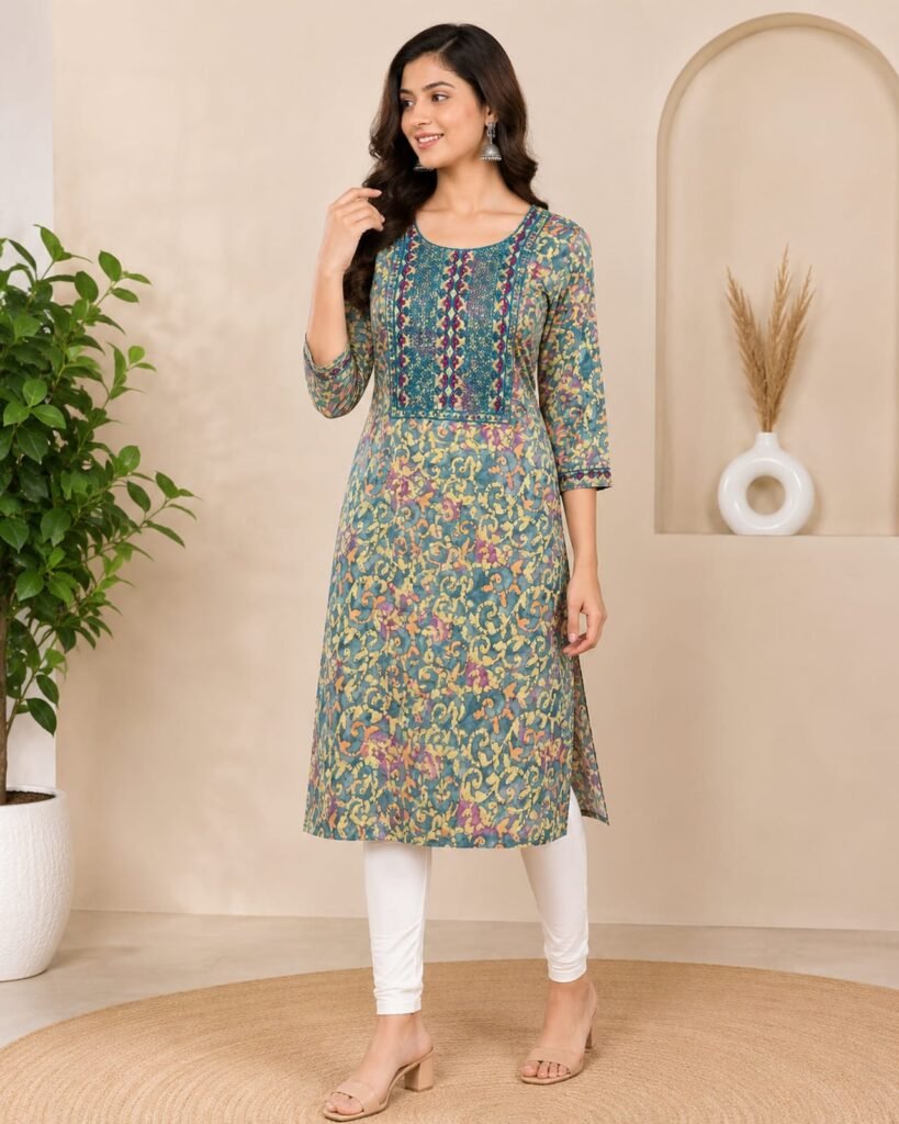 Women’s Teal Printed Embroidered Kurti with Mirror Work & 3/4 Sleeves