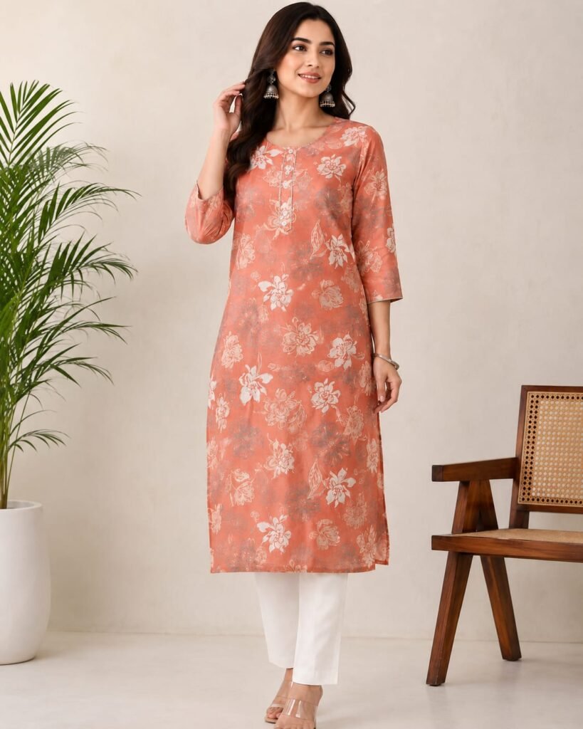 Peach Floral Printed Women’s Kurti | 3/4 Sleeve Round Neck Kurti